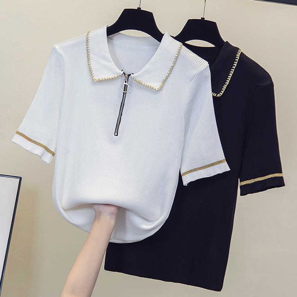 

l-4xl large size women summer thin sweater pullover fashion zipper loose casual short sleeve basic oversized sweater t shirt 210604, White;black