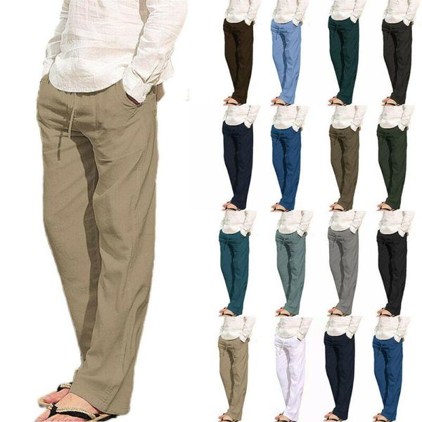

men's pants mens linen fitness plain trousers elastic waist drawstring fashion summer pocket men clothing casual@w, Black