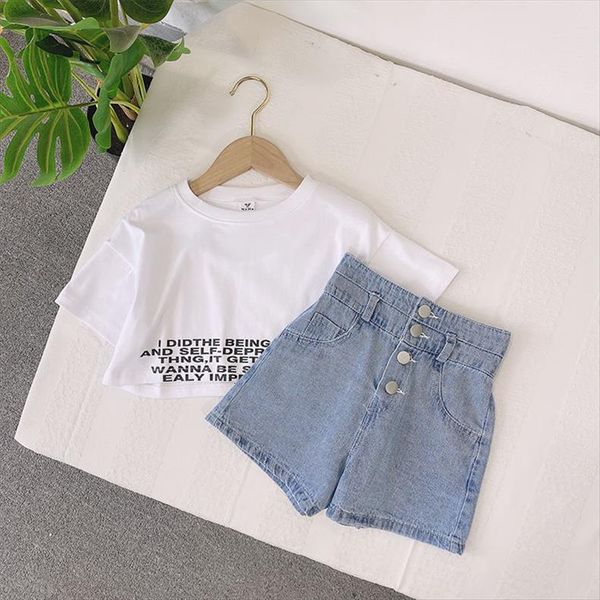 

teenage girls t shirt set summer baby fashion letters high waist shorts jacket childrens denim kids clothes, White