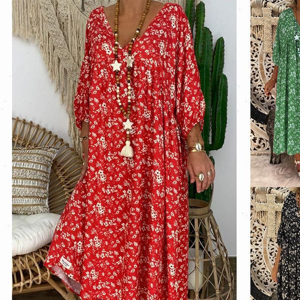 

dress women dresses summer bohemian floral print casual loose deep v neck 3 4 sleeve midi beach lady gifts, Black;gray