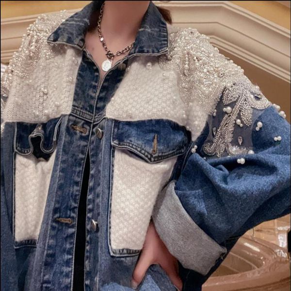 

women's trench coats 2021 autumn streetwear beads stitching denim jacket ladies fashionable simple loose sequined patchwork jeans coat, Tan;black