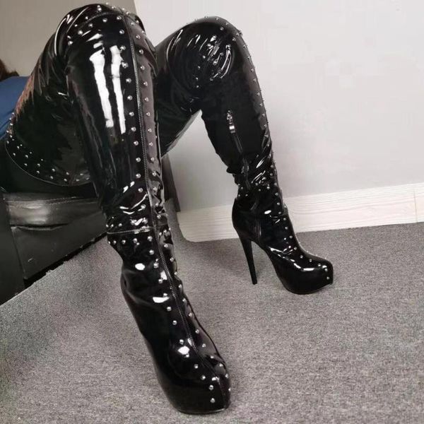 

boots botas mujer female platform rivets thigh high stiletto heels round toe shiny black blue gothic shoes women