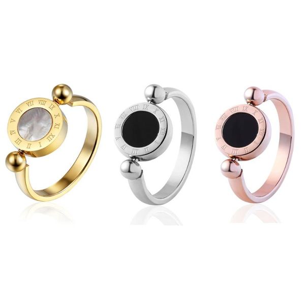 

wedding rings classic design can be rotated enamel and shell roman numeral beautiful woman ring stainless steel brand jewelry for women, Slivery;golden