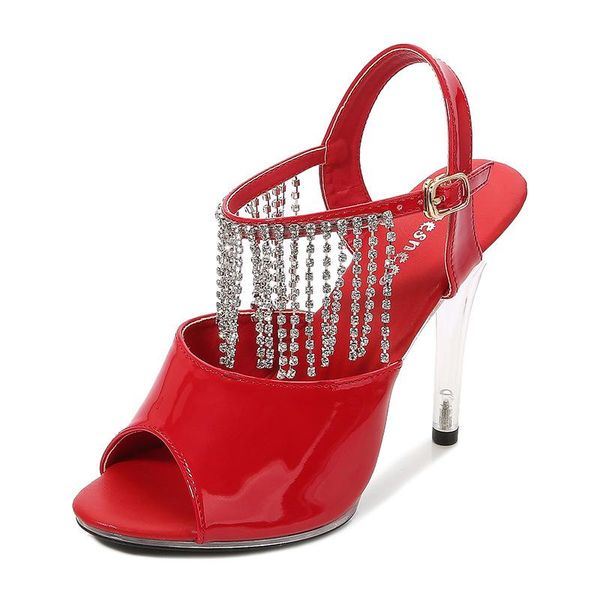 

sandals 11cm high heels summer rhinestone nightclub shoes patent leather transparent fish mouth large size lfd, Black