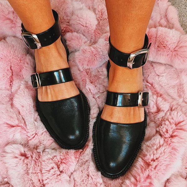 

womens roman sandals buckle strap low heels for summer shoes women shallow single sandalias femenina 2021, Black
