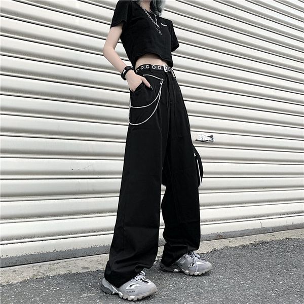 

qweek punk gothic pants women hip hop black wide leg pants with chain hippie plus size japanese streetwear loose cargo pants 210319, Black;white