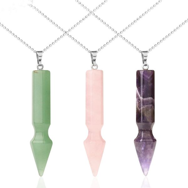 

natural gemstone cone pendant necklace healing crystal quartz reiki chakra gem stones 18 inch women girls men birthday gifts, Silver