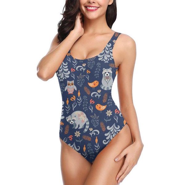 

one-piece suits 2021 swimsuit women push up one piece autumn forest raccoons owls and rabbits swimwear female bodysuit monokini