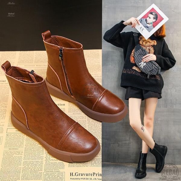 

boots 2021 fashion real leather ankle ladies slip on autumn shoes for women solid retro flat with short plush sapato, Black