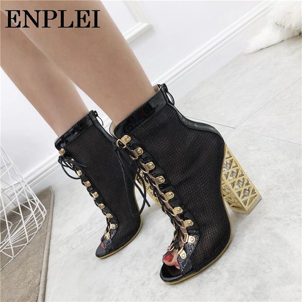 

dress shoes enplei women pumps summer gladiator sandal party wedding breathable hollow out square heel lace-up high heels boots 34-43, Black