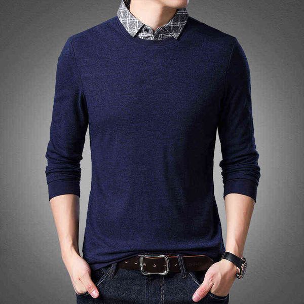 

2021 spring and autumn father fake two long sleeve t-shirts men's shirt collar thin middle-aged man's coat, White;black