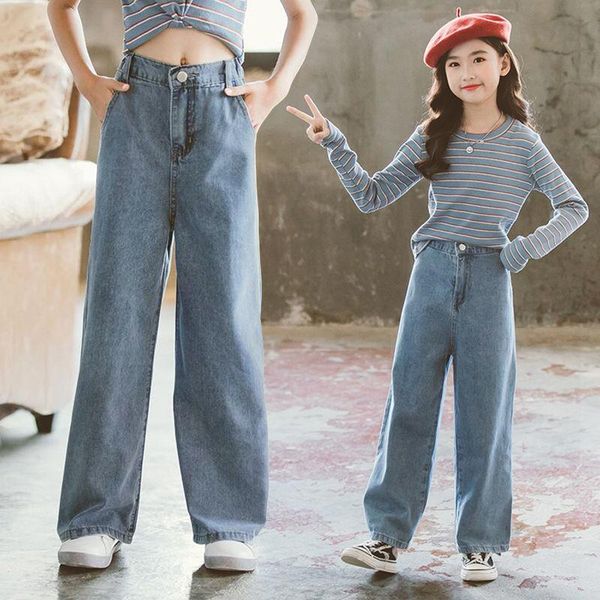 

girls denim wide leg pants 3-13 years old kids solid straight jeans korean casual trousers spring and autumn children clothes, Blue