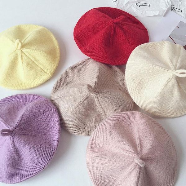 

caps & hats autumn baby hat beret solid color vintage knitted beanie kids infant toddler bonnets, Yellow