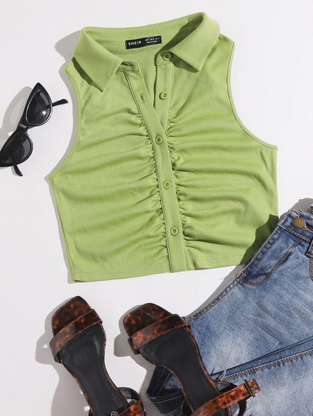 

ruched button front rib-knit tank 9541#, White