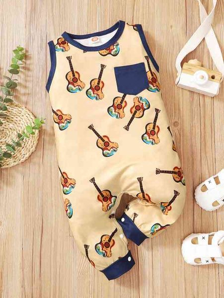 

baby guitar print patched pocket contrast trim jumpsuit she, Blue