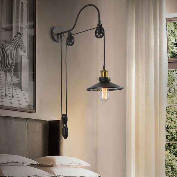 

wall lamp american country style vintage iron rh loft industrial led black lift retractable pulley lights indoor lighting