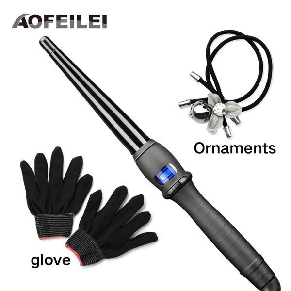 

ceramic styling tools professional iron waver pear flower cone electric hair curler roller curling wand, Black