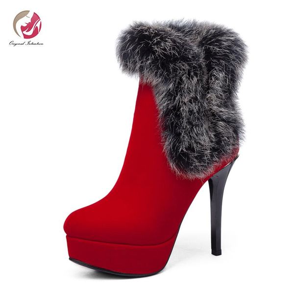 

boots original intention stylish faux fur ankle female black red high platform stiletto heels elegant shoes woman sexy