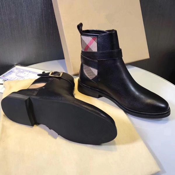 

boots style women's leather plaid belt buckle low heel flat bottomed short women, Black