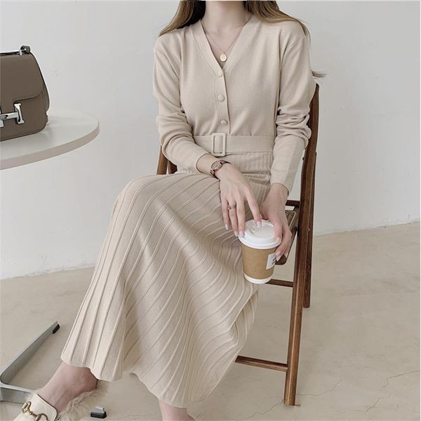 

casual dresses women knitted dress elegant v-neck single breasted ladies thicken sweater autumn winter belted fashion a-line, Black;gray