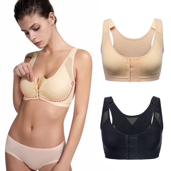 

women's shapers back support posture corrector no padded slim wireless chest lifter breast shapewear full coverage front closure, Black;white