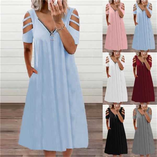 

summer v-neck zipper short sleeve dress, Black;gray