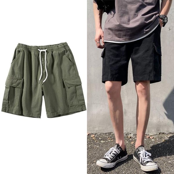 

men cargo shorts streetwear ribbons men's casual knee length short pants bermudas masculina, White;black