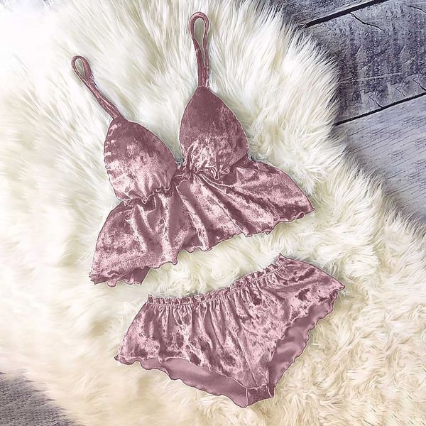 Lingerie Set Kadife 2 adet Pijama kadın Pijama Set Seksi Babydoll Gecelikler Sevimli Cami Üst Ve Şort Pijama Mujer Ev Giysileri Q0706