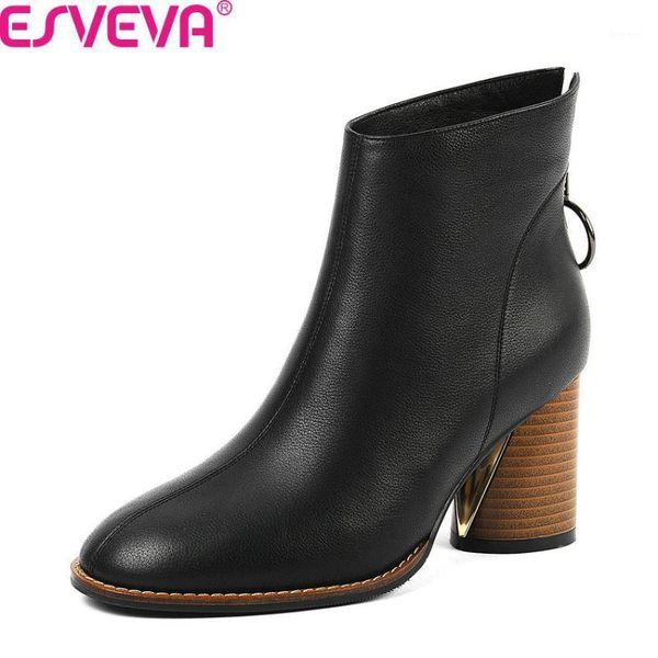 

boots esveva 2021 autumn winter square high heel concise ankle quality cow leather round toe zipper women shoes size 34-411, Black