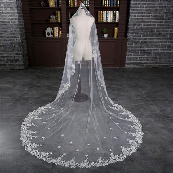 

bridal veils 3 meters long cathedral wedding one-layer lace appliques women veil velos de novia bride 05497, Black