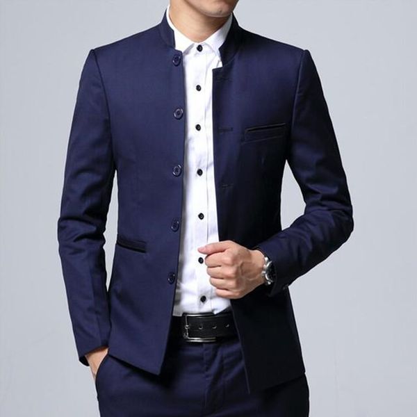 

men's suits & blazers jacket pants suit 2 piece set slim fit wedding banquet male stand collar solid color business casual blazer coat, White;black