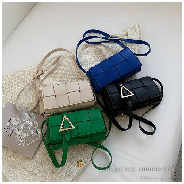 

2022 summer women weaving satchel fashion triangle metals buckle crossbody bag lady pu leather alar one shoulder square bag h0050