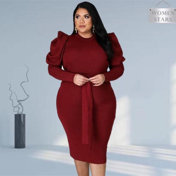 

plus size dresses for women 2021 puff sleeve turtleneck bodycon elegant office lady dress with sashes wholesale drop, Black