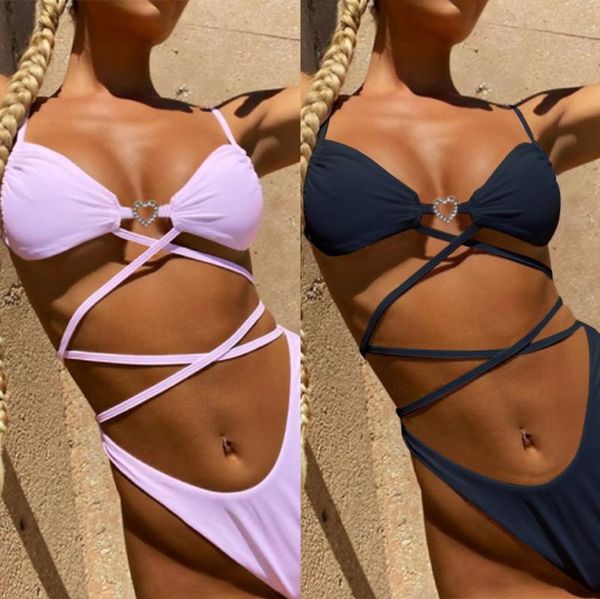 

women's swimwear 2021 women love diamond buckle strap bikini ladies panties solid color striped beachwear bra set, White;black