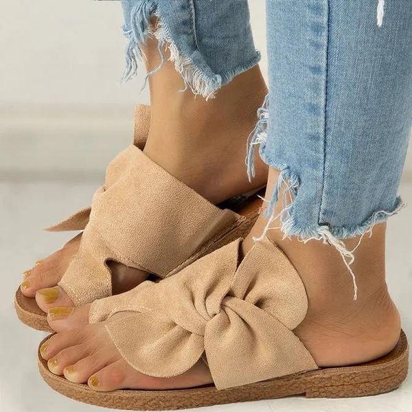 

slippers women casual summer fashion beach shoes clip toe solid slides cute butterfly-knot outdoor soft sole, Black