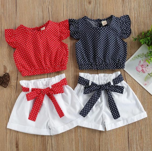 2pieces crianças terno conjunto de bolinhas impressão em torno do pescoço mosca manga tops + shorts com cinto de cintura para roupas de bebê de verão