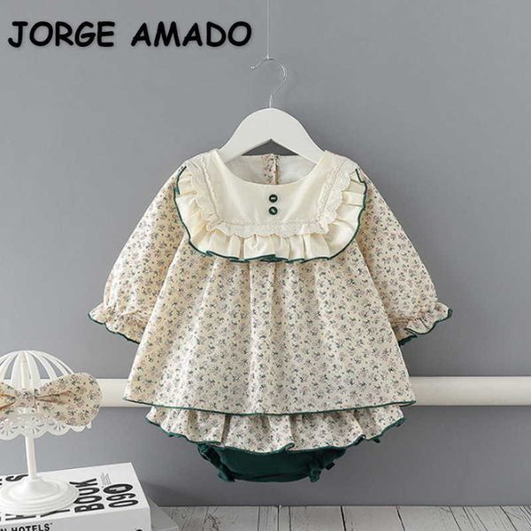 Venda Por Atacado Primavera Baby Girls 2-PCS Conjuntos Longo Camisas Floral Top + Ruffles Saia Crianças roupas moda E9119 210610