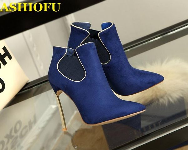 

dress shoes ashiofu handmade womens high heels boots faux-suede plating heel ankle pointed-toe evening fashion short, Black