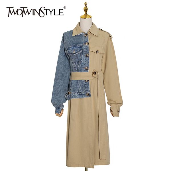 

patchwork denim windbreaker lapel long sleeve high waist with sashes lace up bowknot casual windbreakers feamale 210524, Tan;black