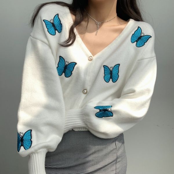 

women's sweaters butterfly embroidery short knit cardigans women lantern sleeve v neck single breasted coat autumn winter l88, White;black