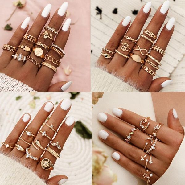 

cluster rings diezi vintage bohemian star moon round eyes leaves knuckle joint set for women gold color finger jewelry 2021, Golden;silver
