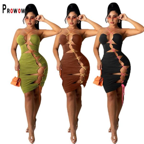

casual dresses prowow women dress summer bandage hollow out halter for party night club 2021 lady backless clothing, Black;gray