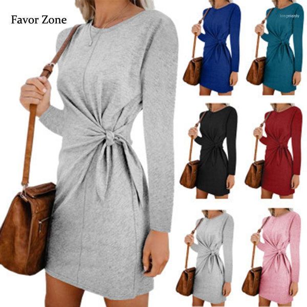 Escritório senhora vestido outono casual solto longa manga faixas o pescoço mini mulheres elegante cabelo quente vestidos1