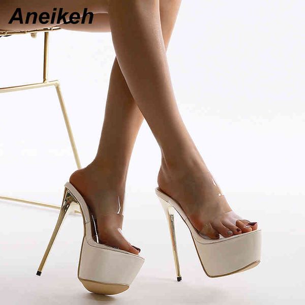 

pvc peep toe transparent 17cm stripper high heel slippers summer fashion slip on thin heels slides women mules 210507, Black