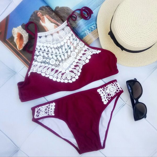 

bla wine red lace crop swimsuit high ne tank bathing suit beach wear swimming suit for women swimwear bikini set plus sizeby a, White;black