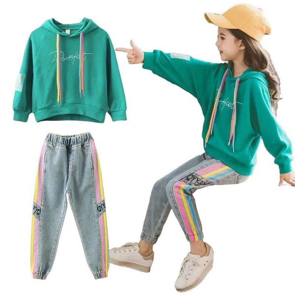 

sports girls clothes set fashion suit hoodies+jeans 2 pcs autumn children's teen 4 6 8 12 years clothing sets, White
