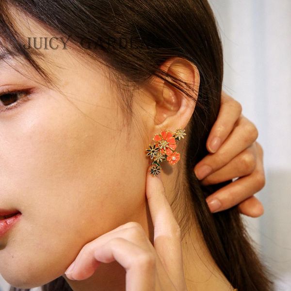 

retro sen 925 needle flower oil drop earrings stud, Golden;silver