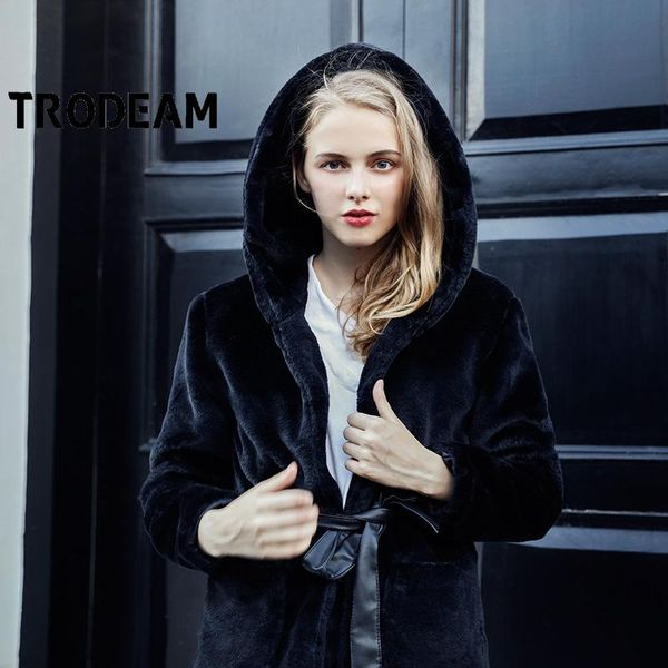 

women's fur & faux trodeam autumn coat product jacket hooded cotton thicken furry long plush women, Black