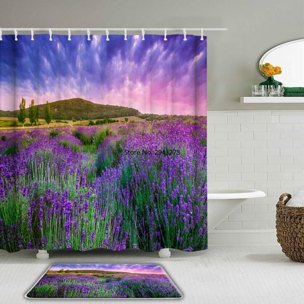 

shower curtains 3d natural scenery lavender flowers fabric waterproof curtain set bathroom non-slip toilet rug and bath mat