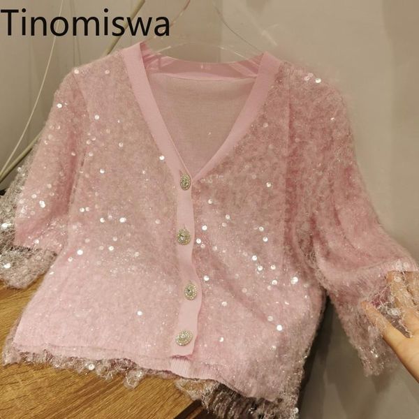 

women's knits & tees tinomiswa bling sequined knitted cardigans summer 2021 single breasted short sleeve coats femme casual lady a2779, White